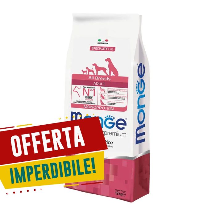 Crocchette Cane All Breeds Adult Manzo con Riso | Monge Monoprotein | 12 kg